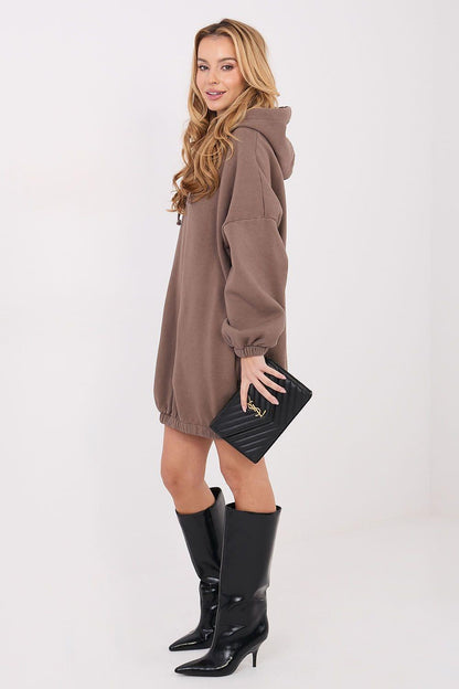Brown hoodie daydress with hood and long sleeves, with elastic cuffs