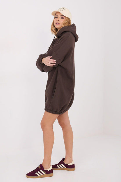 Dark brown hoodie daydress with hood and long sleeves, relaxed fit