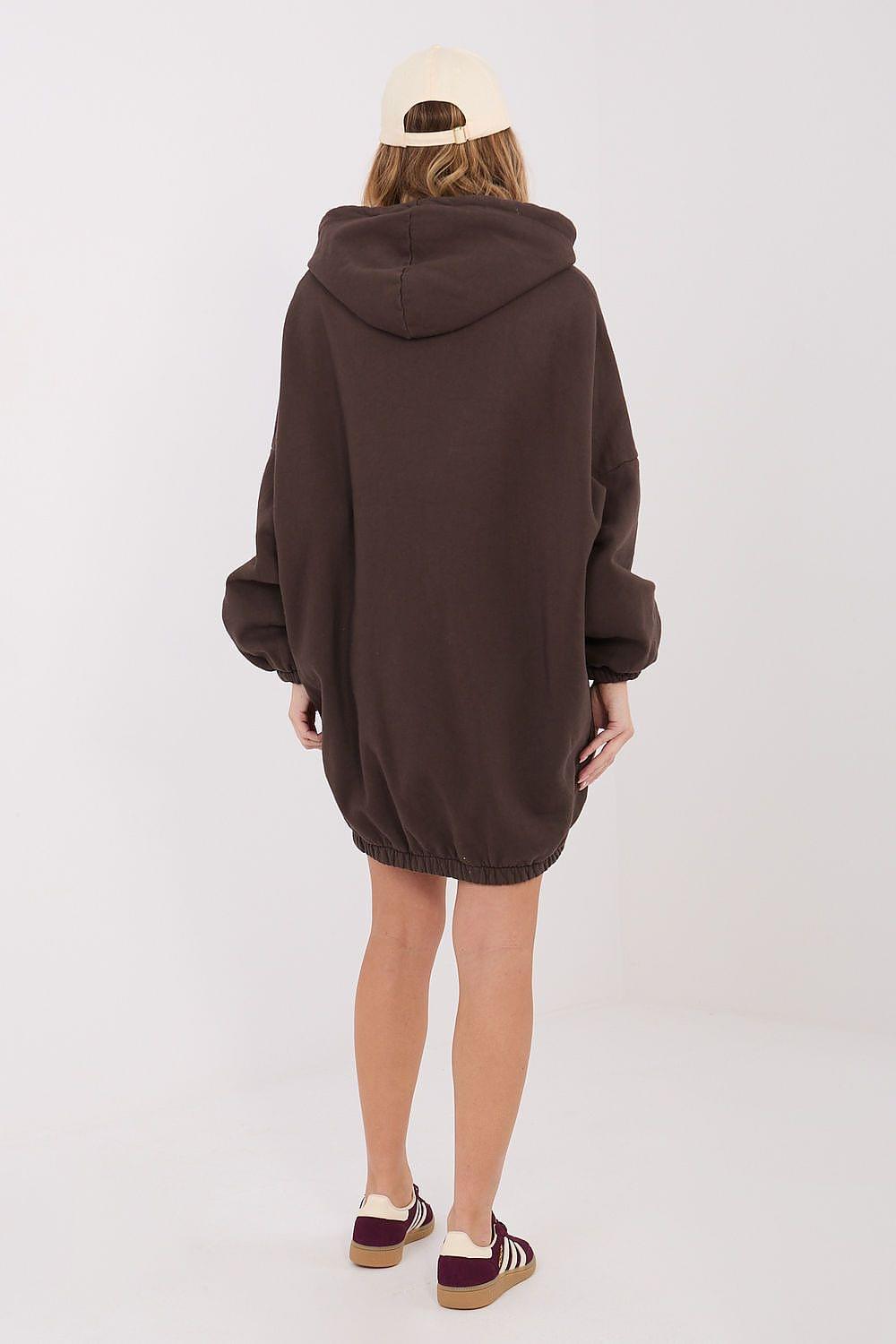 Dark brown hoodie daydress with hood, long sleeves, and gathered back hem