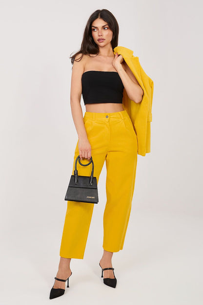 Yellow corduroy high-waist trousers with button closure and side pockets, cropped tapered