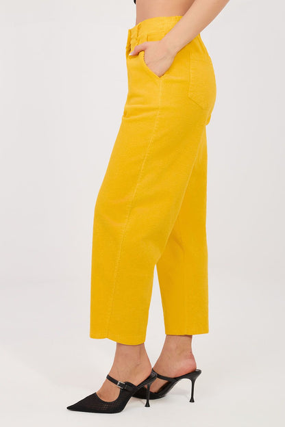Yellow corduroy trousers, cropped straight leg with front pockets and belt loops