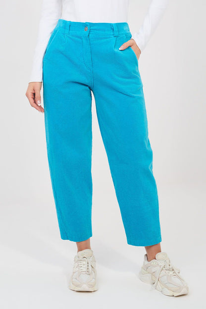 Blue corduroy trousers, cropped straight leg with front button and side pockets