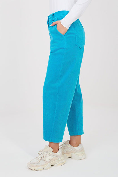 Blue corduroy trousers, side view of high-rise cropped straight leg with belt loops