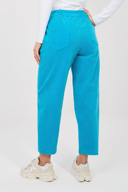 Blue corduroy trousers, straight-leg cropped pants with front pockets and belt loops
