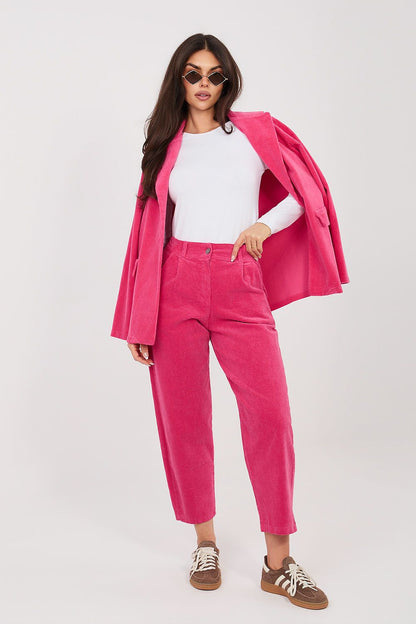 Pink corduroy trousers, cropped straight leg with front pockets and belt loops