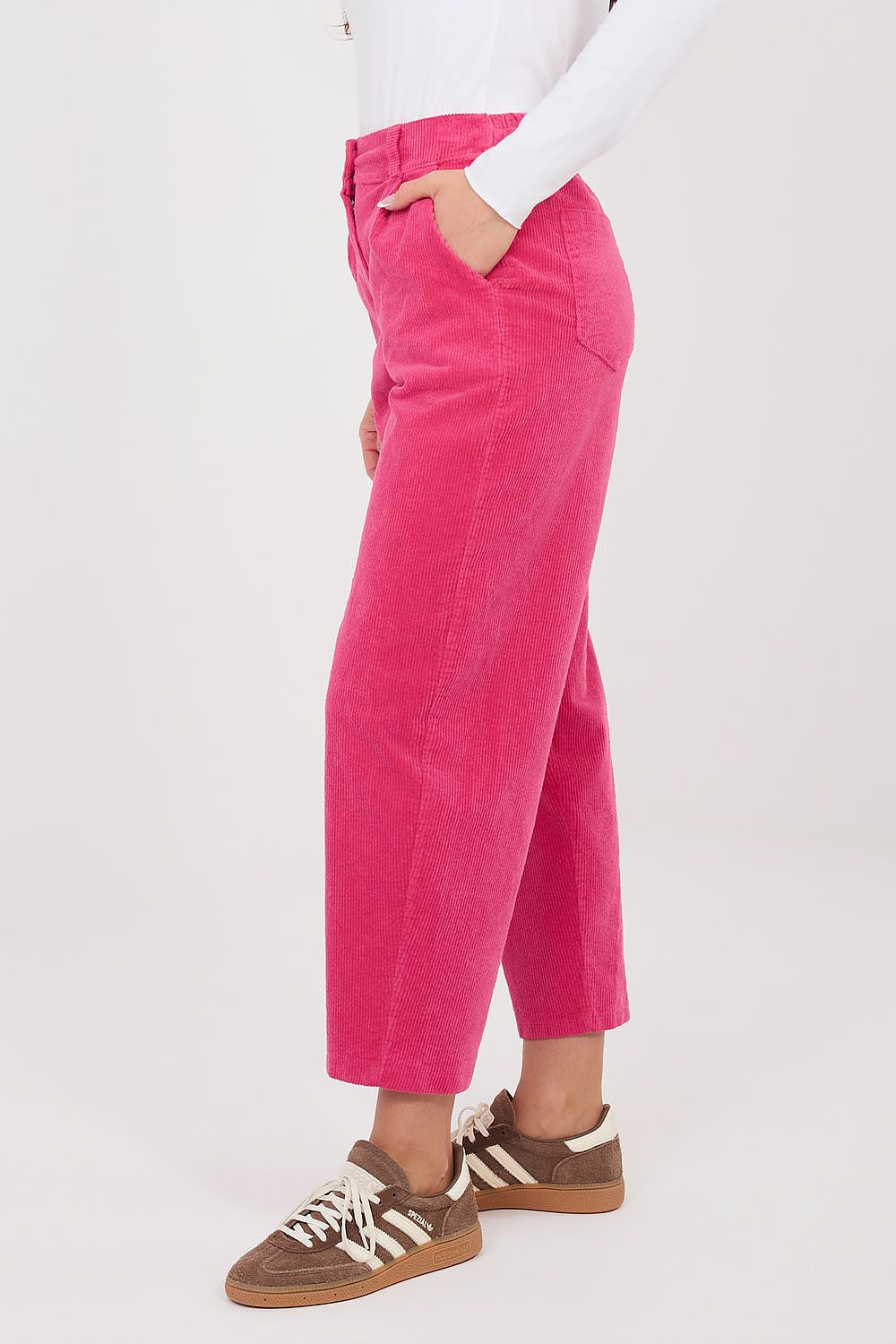 Pink corduroy trousers, side profile of cropped straight leg with belt loops