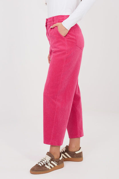 Pink corduroy trousers, side profile of cropped straight leg with belt loops