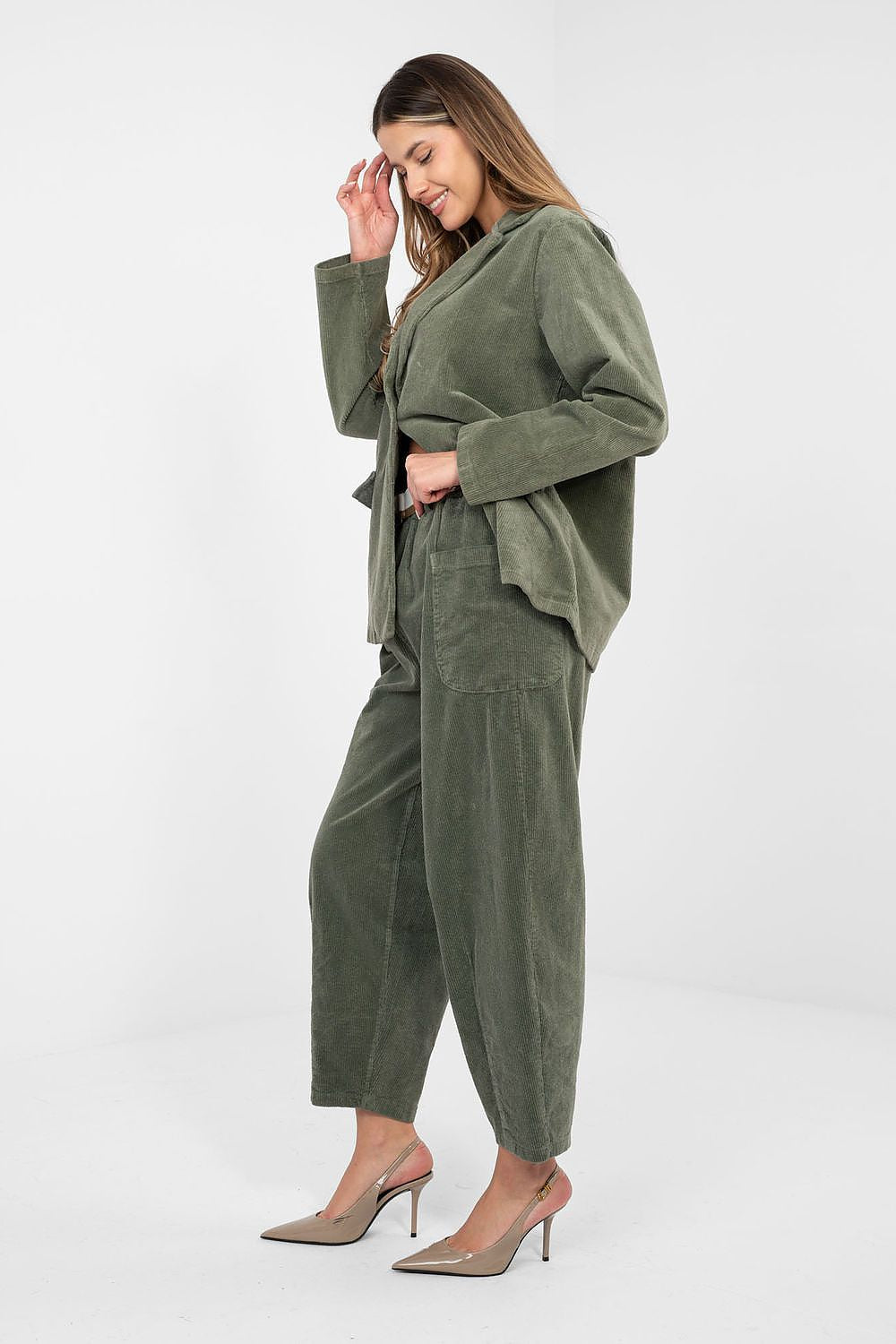 Olive-green corduroy trousers with belt loops and relaxed straight legs.