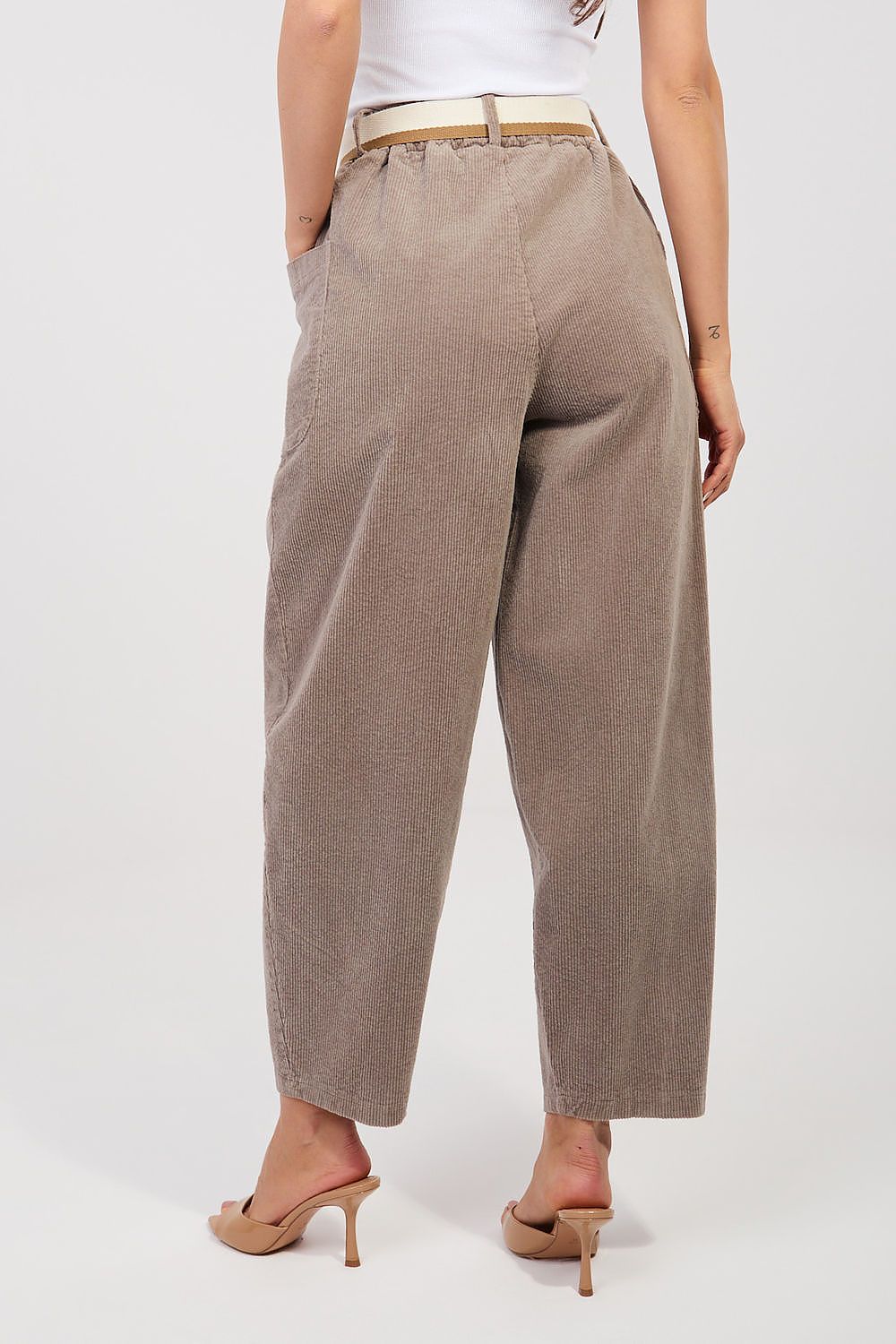 Corduroy trousers in beige corduroy, back view with belt loops and ankle-length hems