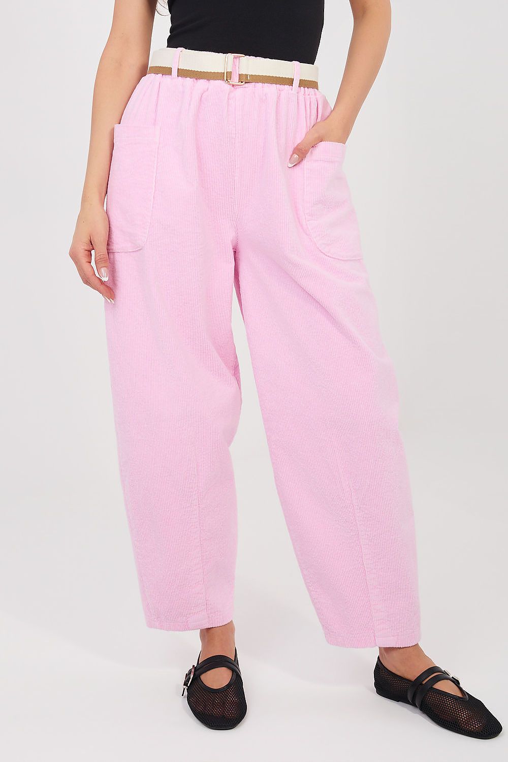 Corduroy trousers in pink corduroy, front view with belted waist and ankle-length legs