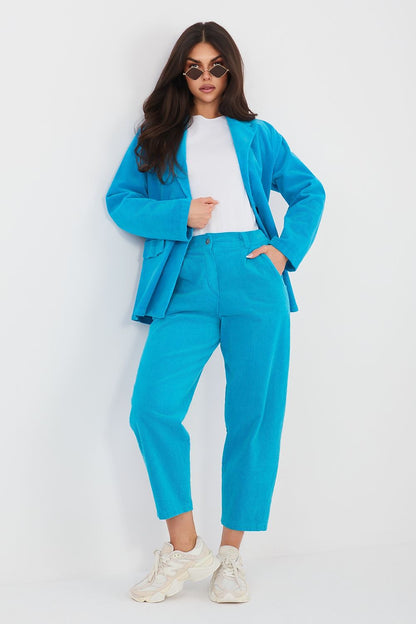 Blue corduroy trousers, cropped straight leg with waistband and front pockets