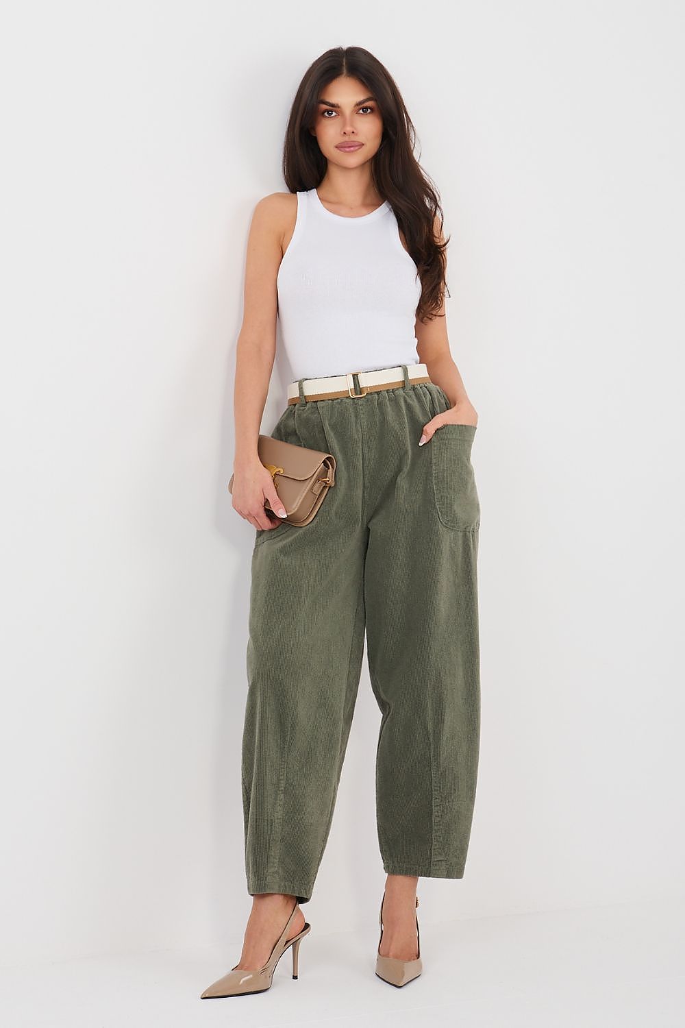 Green corduroy trousers with high waist, belt loops, and ankle-length hem.