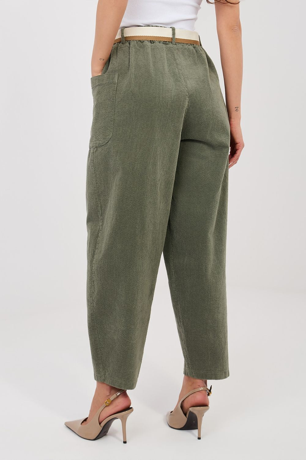Olive green corduroy trousers with pleated front, belt loops, and back pockets.