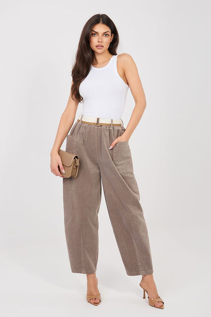 Corduroy trousers in beige corduroy, front view with belted waist and tapered legs
