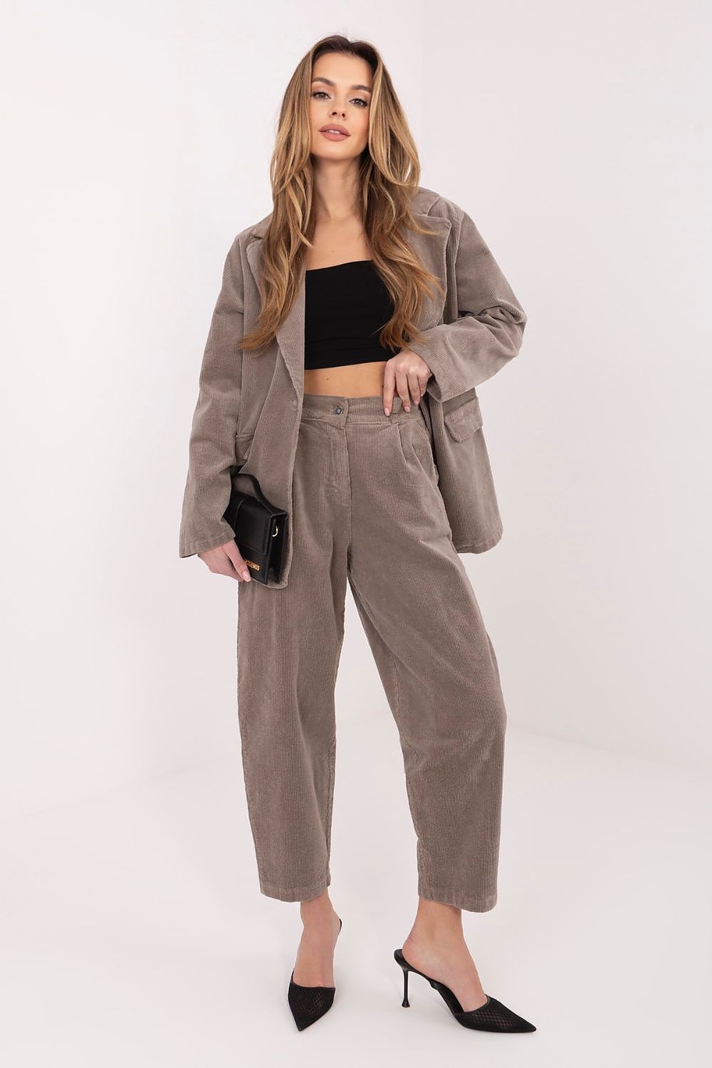 Grey corduroy high-waist trousers with front pockets, button fly, tapered leg