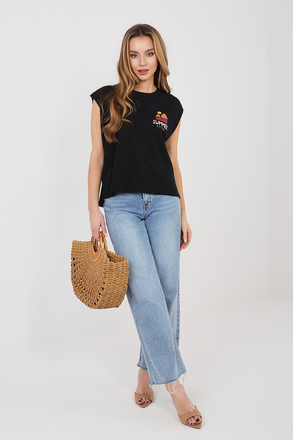 Black crew-neck T-shirt with small “Summer” heart graphic on chest and short sleeves