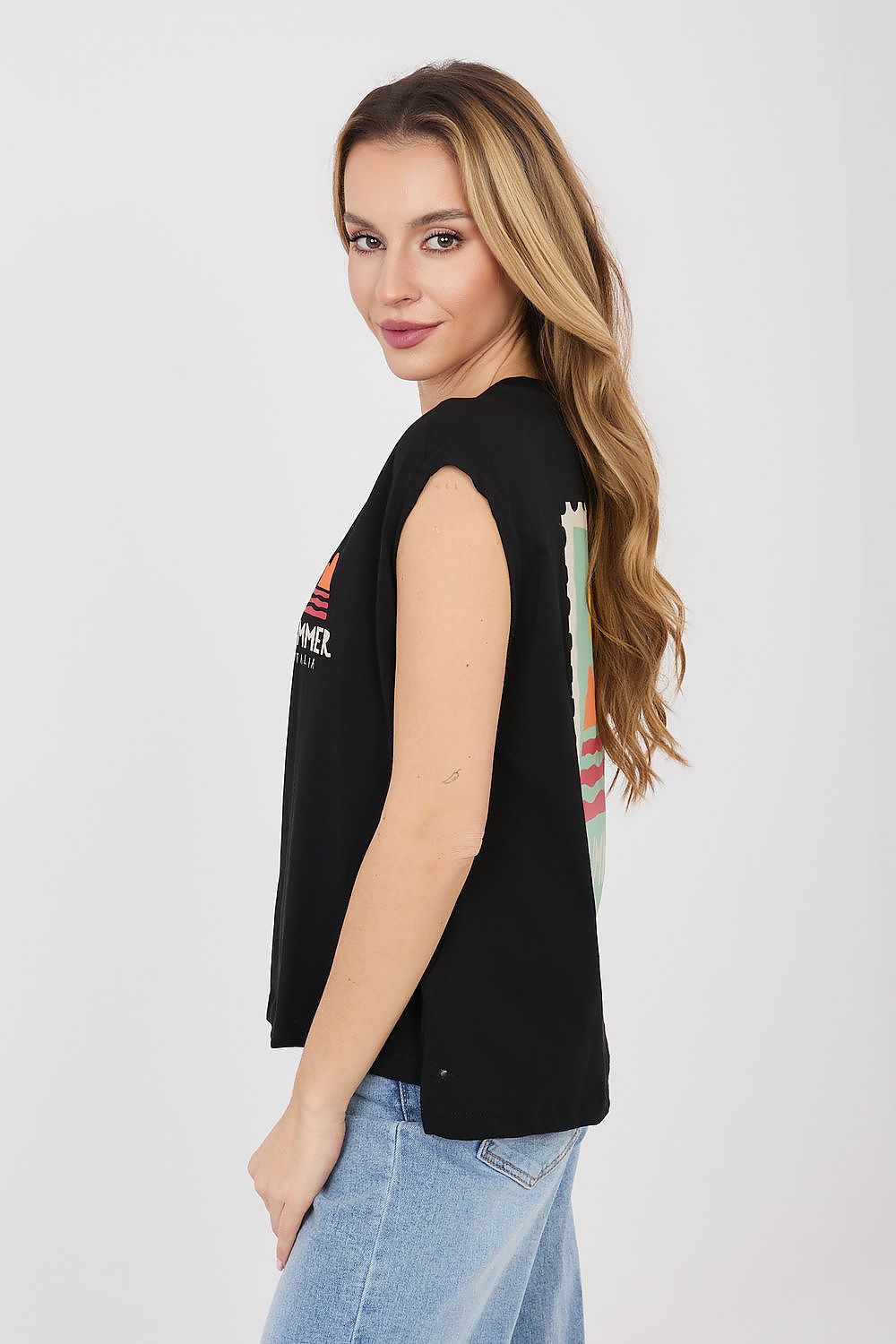 Black crew-neck T-shirt, side view with “Summer” heart chest graphic and short sleeves