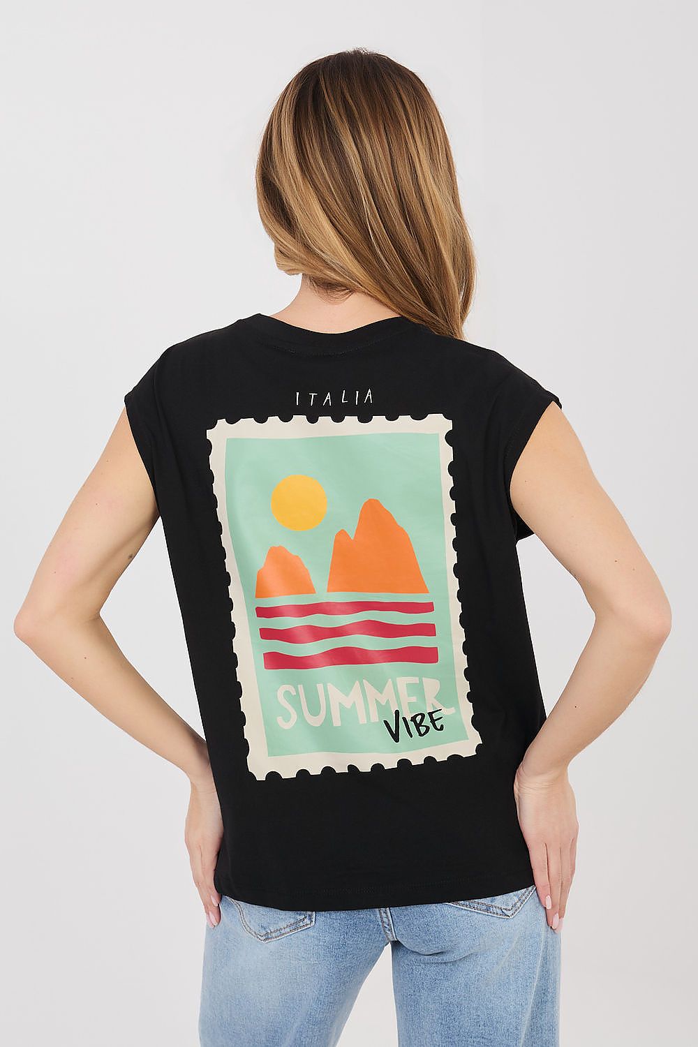 Black crew-neck T-shirt with back “Italy Vibe” graphic panel and short sleeves