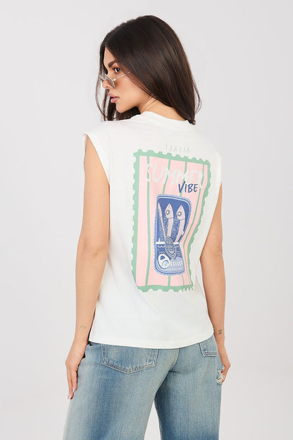 White crew-neck T-shirt with back “Italy Vibe” graphic panel and short sleeves