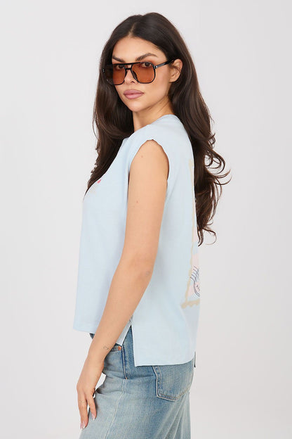 Light blue crew-neck T-shirt, side view with small chest graphic and short sleeves