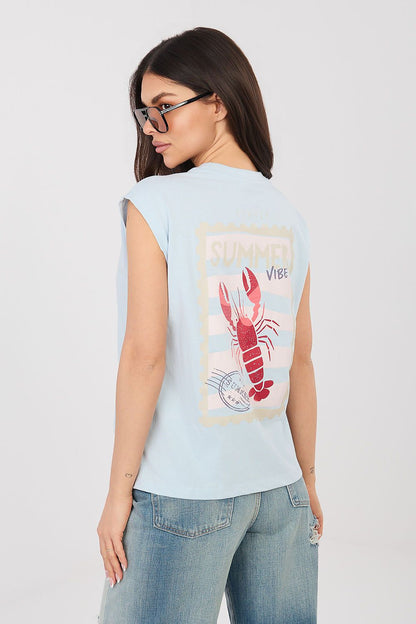 Light blue sleeveless T-shirt with front lobster graphic and text print
