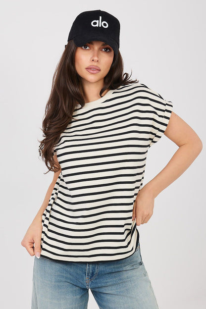 Sublevel T-shirt with black-and-cream horizontal stripes, crew neck, short sleeves