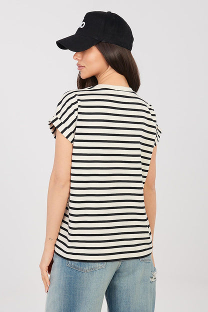 Sublevel T-shirt with black-and-cream horizontal stripes, crew neck, back view