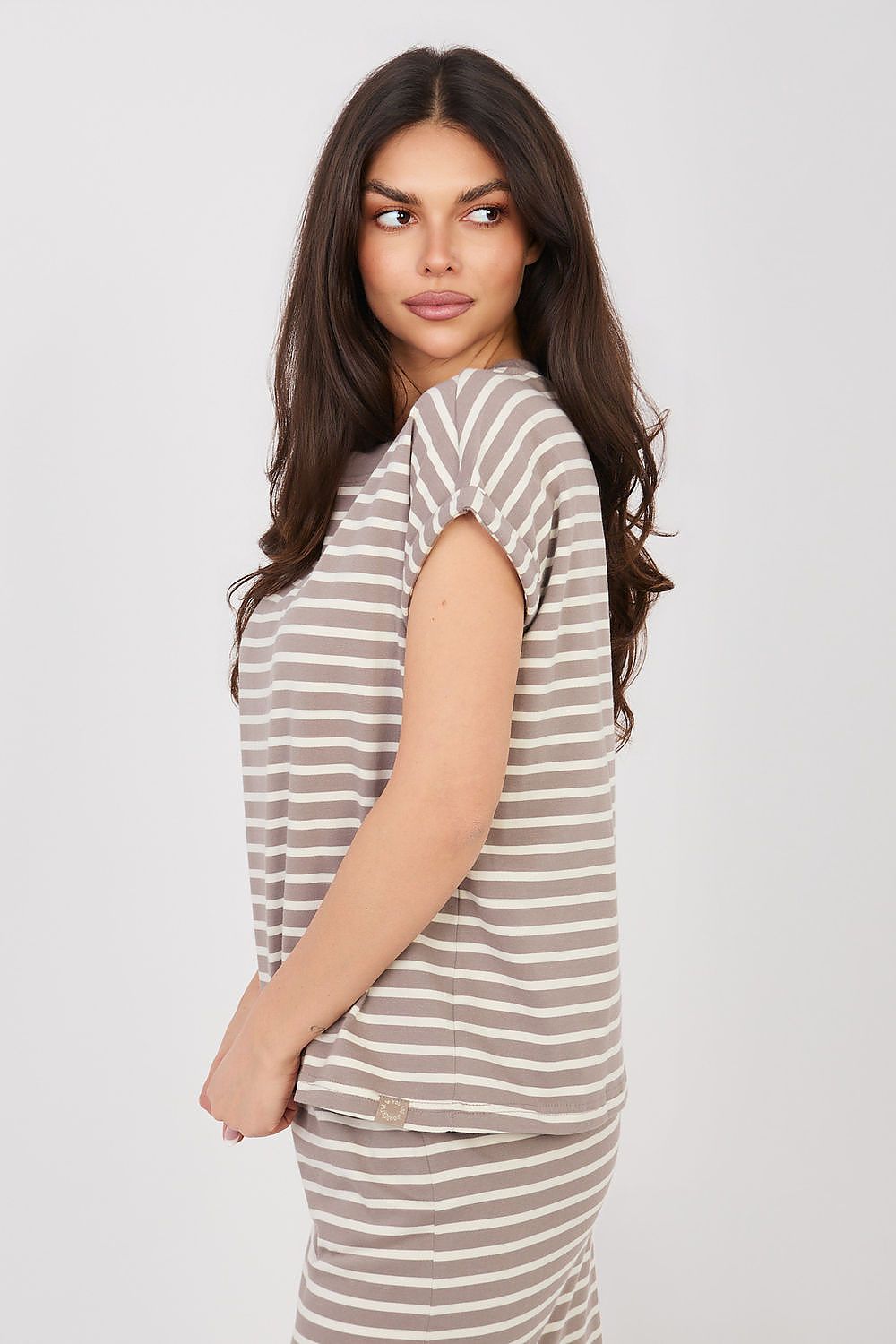 Sublevel T-shirt with beige horizontal stripes, crew neck, short sleeves, side view