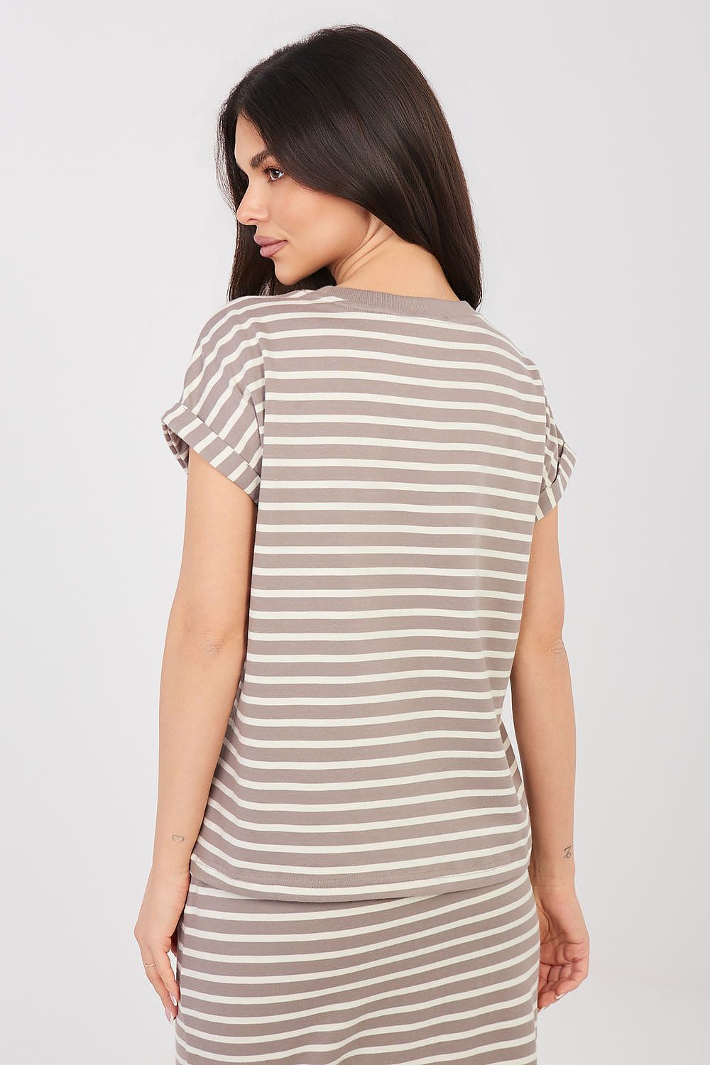 Sublevel T-shirt with beige horizontal stripes, crew neck, short sleeves, back view