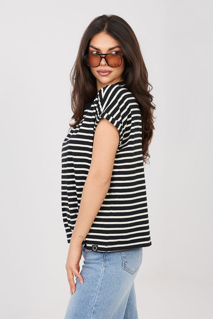 Sublevel T-shirt with black-and-white horizontal stripes, crew neck, short sleeves, side view