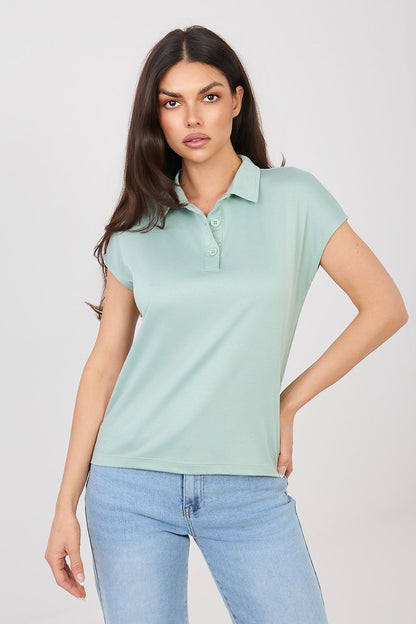 Mint green polo shirt with short sleeves and button placket