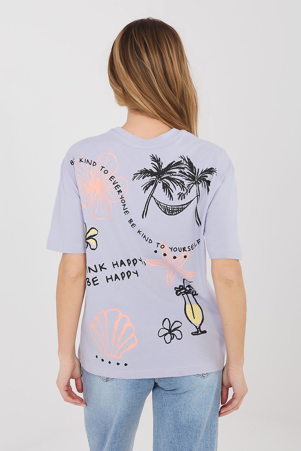Lavender crew-neck T-shirt with back graphic print of palm trees and flowers
