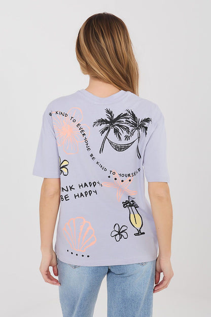 Lavender crew-neck T-shirt with back graphic print of palm trees and flowers