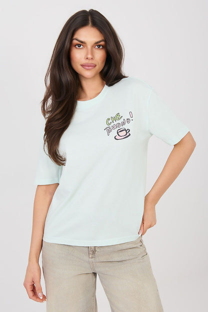 Light mint crew-neck T-shirt with short sleeves and small front graphic print