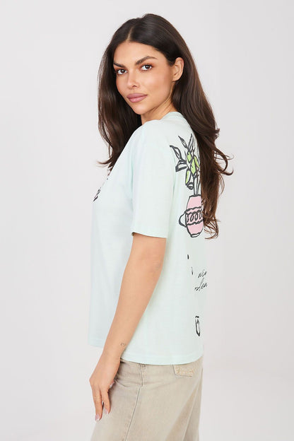 Light mint crew-neck T-shirt with illustrated graphic print on the sleeve and back
