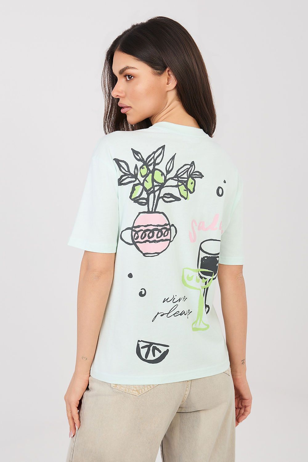 Light mint crew-neck T-shirt with back graphic of a potted plant and doodles