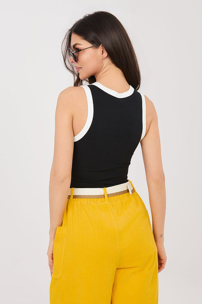 Black sleeveless tank top with white crew neckline and armhole trim.