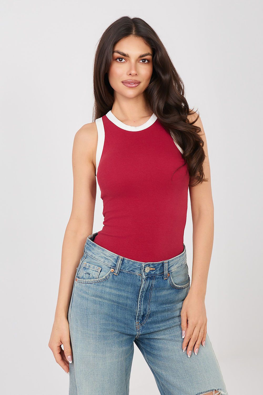 Red sleeveless tank top with white crew neckline and armhole trim.