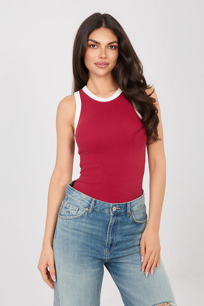 Red sleeveless tank top with white crew neckline and armhole trim.