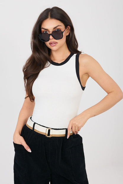 White sleeveless tank top with black crew neckline and armhole trim.