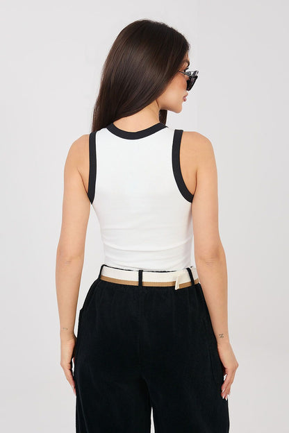 Two-tone sleeveless top with black trim and black waist panel