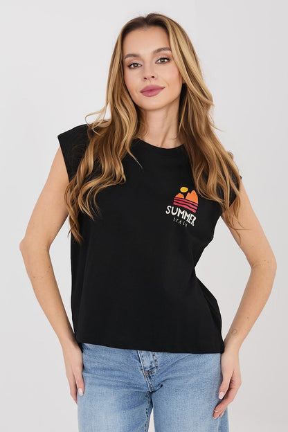 Black crew-neck T-shirt with “Summer” heart chest graphic and short sleeves