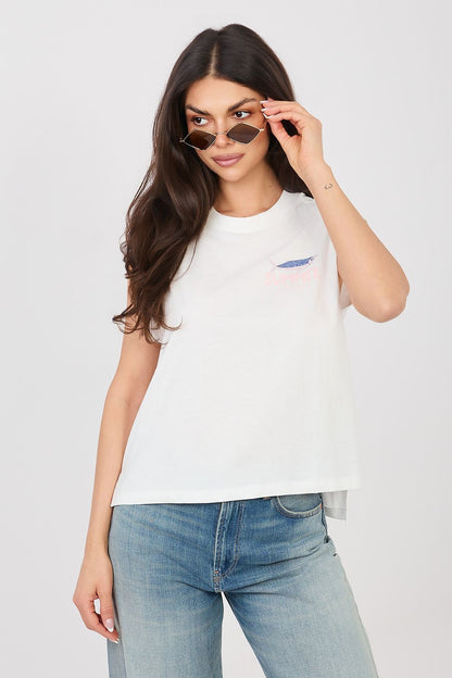White crew-neck T-shirt with small chest graphic and short sleeves