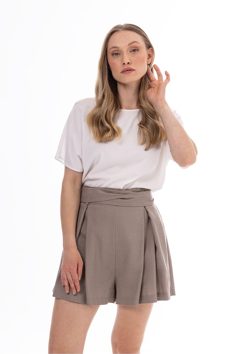 Awama taupe paperbag shorts with tie waist and pleated front