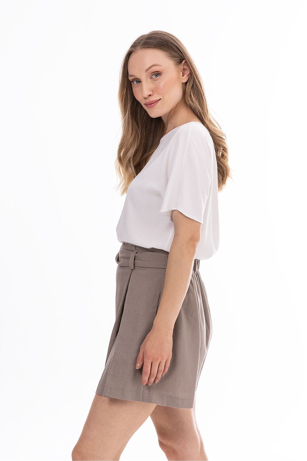 Taupe tailored shorts with belt loops, side view