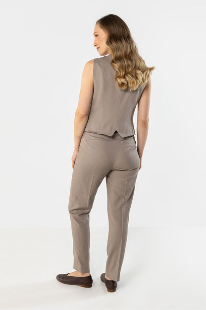 Women’s tailored trousers in taupe with tapered straight legs and stitched seams