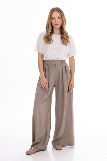 Awama women’s wide-leg trousers, taupe, high waist with button and pleats