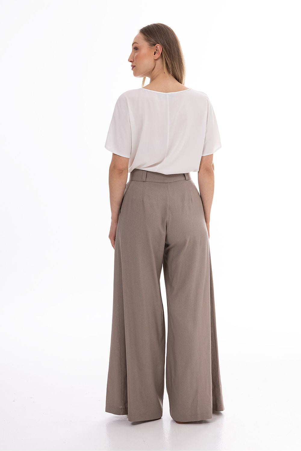 Awama women’s wide-leg trousers, taupe, back view with high waist and pleats