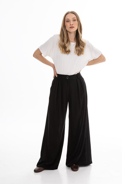 Awama women’s wide-leg trousers, black, full front view with belt loops and pleats