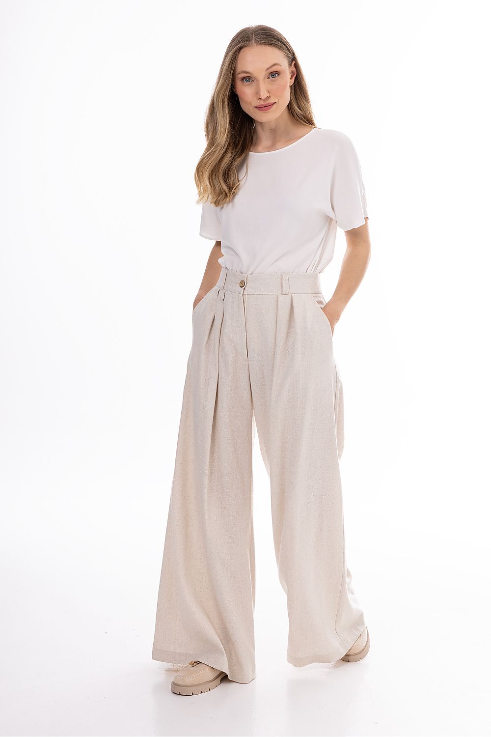 Awama women’s wide-leg trousers, light beige, high waist with button and pleats